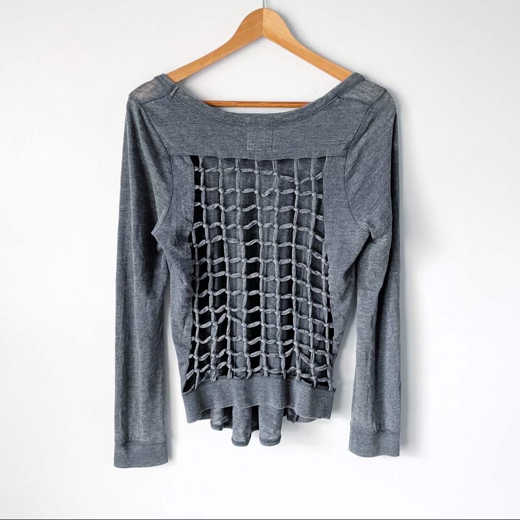 Chaser | Gray Scoop Neck Sweater With Woven Lattice Open Back